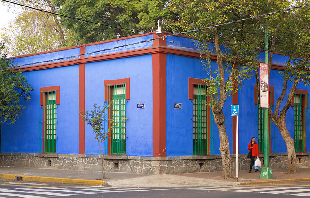 Vista externa da Casa Azul com árvores ao fundo e uma pessoa à direita
