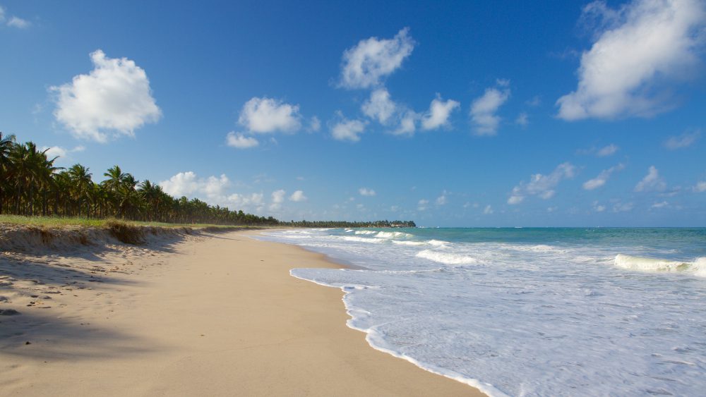 Faixa de areia e mar na Praia de Maracaípe em Pernambuco